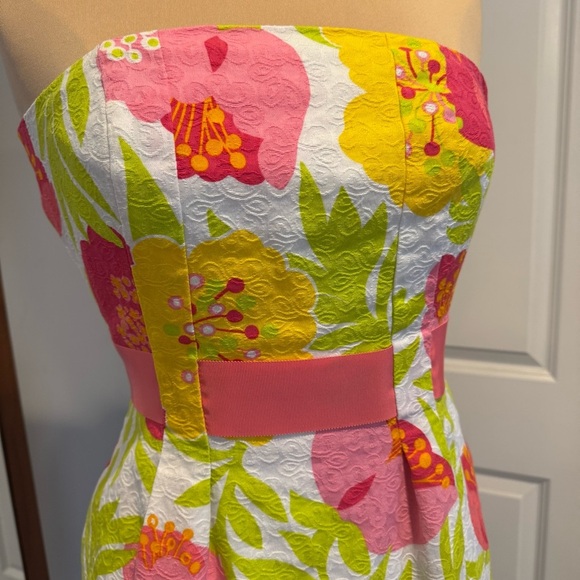 Lilly Pulitzer Strapless Dress Pink White Green Yellow 100% Cotton Floral size 4 - Picture 4 of 13